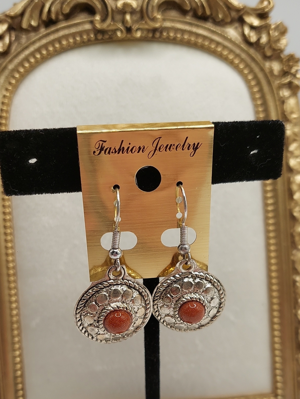 Artisan Silver-Tone Drop Earrings with Goldstone Nwot